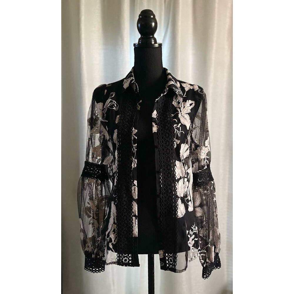 A. Peach Sheer Embroidered Floral Blouse Balloon Sleeves Size Small